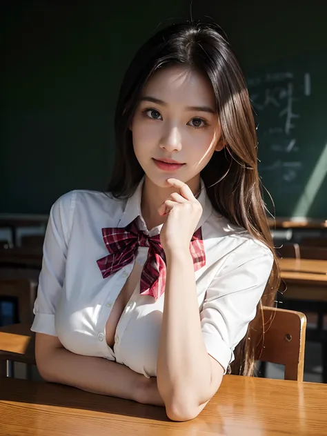 best qualtiy，tmasterpiece，超高分辨率，（真实感：1.4），RAW photogr，1girll，long whitr hair，Face Highlighting，Pure，Girly，Flushing，18yr old，18-year-old smiling female classmate，Pure，Innocent，（best qualtiy，8K，tmasterpiece:1.3），Goose egg face，largeeyes，long eyelasher，Exquis...