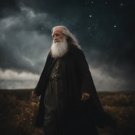 1200s. ily. Old wizard with a gray beard, A spell, There is spirit everywhere, Dynamic pose, Wind, Smoke, spark of light, Stars above the clouds, surrealism, Super realistic, Cinematic, pastel colour, Fantasy universe background