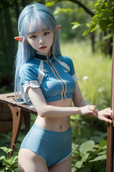 young elf girl, kim chaewon as a sexy elf, kim chaewon is a petite young girl, masterpiece, best quality, 1girl, forest background, kim chaewon, petite girl, small breast, petite figure, long light blue hair, face front, crop top tight suit, tight shorts, ...