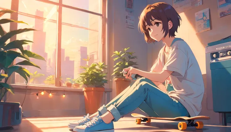 (bright, colorful),lofi boy,illustration,retro vibes,retro aesthetic,vibrant colors,warm and cozy atmosphere,vinyl records,old-school headphones,coffee cup,cassette tape player,plants on window sill,hanging fairy lights,relaxed and casual pose,smiling expr...