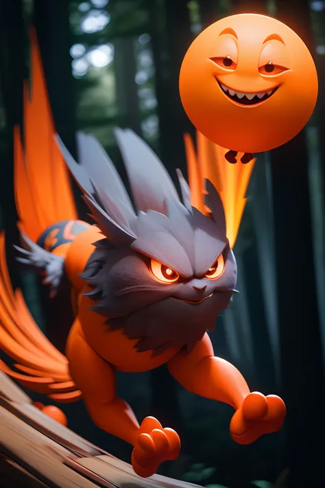 A very dynamic scene. fairytale "Kolobok". a closeup of a. Only a funny orange ball. The ball smiles broadly and bounces. The ball has small arms and legs. Disneys Pixar cartoon character. super realistic. Cinematic. Blurred background of dark forest, Ligh...