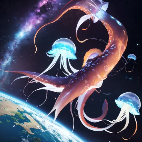 Cosmic creature, squid, jellyfish, life form surviving in space, covered with a thin, transparent, Pulsation, No human,