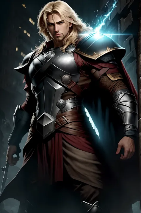 Deus Thor imponente ultra detalhes em pe olhando fixo pra mim segurando seu martelo mjonir e de armadura