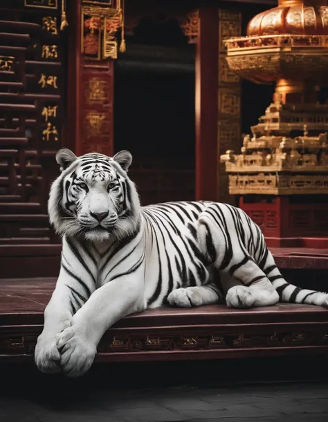 China-style，中景 the scene is，The Taoist priest stood in front of the roaring giant white tiger，（（（White tiger））），Stretch your hands，Long messy hair，Glow effects，Hyper-realistic，Ultra photo realsisim，Chinese black and white ink style，（（（white colors））），Decol...