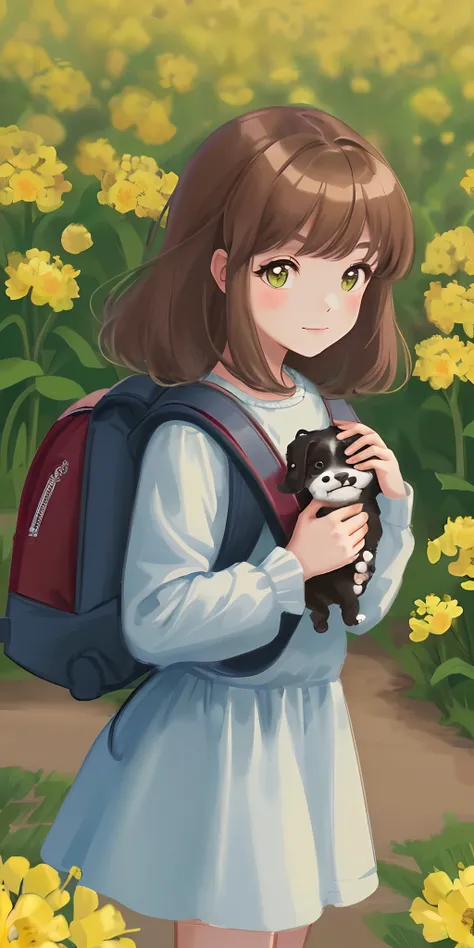 Tip: A very charming little girl with a backpack and her cute puppy enjoying a lovely spring outing surrounded by beautiful yellow flowers and nature. The illustration is a high-definition illustration in 4k resolution, featuring highly detailed facial fea...