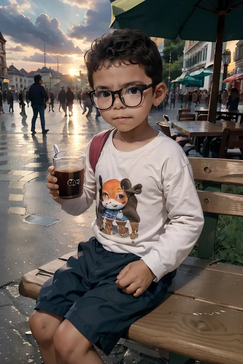 Em uma cena encantadora, An adorable three-year-old, wearing glasses, sits on a wooden bench located in a picturesque square. The boy holds a steaming cup of coffee in his hands. The scenery is magical when the sun rises on the horizon, Painting the sky wi...