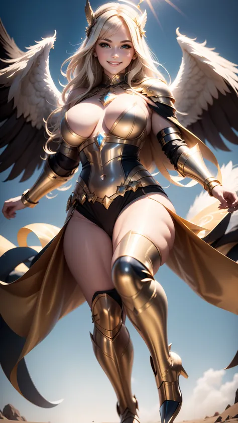 A smiling Valkyrie with oversized breasts, crystal three-point armor, laser boots, tulle half-covering face, surrounded by a colorful crystal halo, hero cloak, metal wrist guards, riding on the back of a flying lion beast. Negative description: