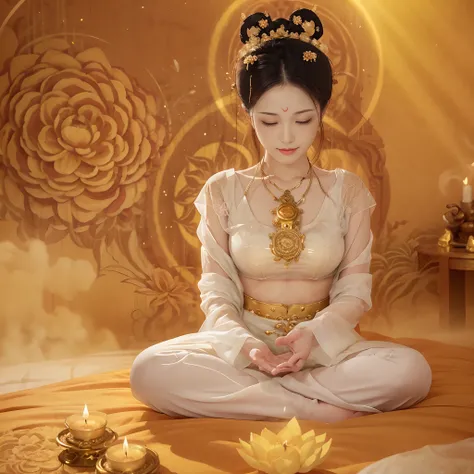 Image of a Zen woman，the breasts are large，With a mothers smile, Detailed face, Wear white transparent clothes，Sit cross-legged on a warm lotus bed and meditate, Bright room. Candles are visible all around you, Symbolizes peace and relaxation. Flowers in h...