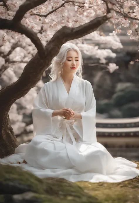 Young woman with white hair sitting under a tree, cabelos muito longos e volumosos e vestes compridas, inspired by Sōami, inspirado em Otake Chikuha, sakura petals around her, palace，Uma menina em Hanfu, inspiradoem Fu Baoshi, illustration!, inspired by Lü...