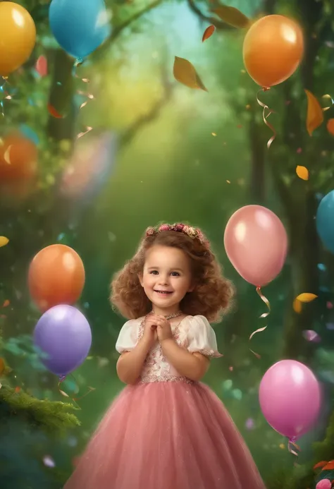 Uma imagem de fundo com a floresta encantada da Marsha e o Urso, com o aniversariante vestido como o personagem principal, surrounded by colorful balloons and the text "Celebrate with us the 1st year of our(a) pequeno(a)!