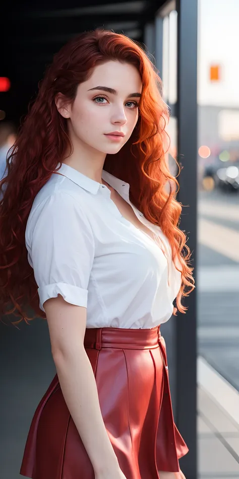 photo of a 25-year-old European girl, RAW, beautiful woman, (wavy red hair), ((portrait)), ((detailed face: 1.2)), ((detailed facial features)), (finely detailed skin), pale skin, highly detailed mini skirt, airport environment , (cool colors), sunny, sunn...