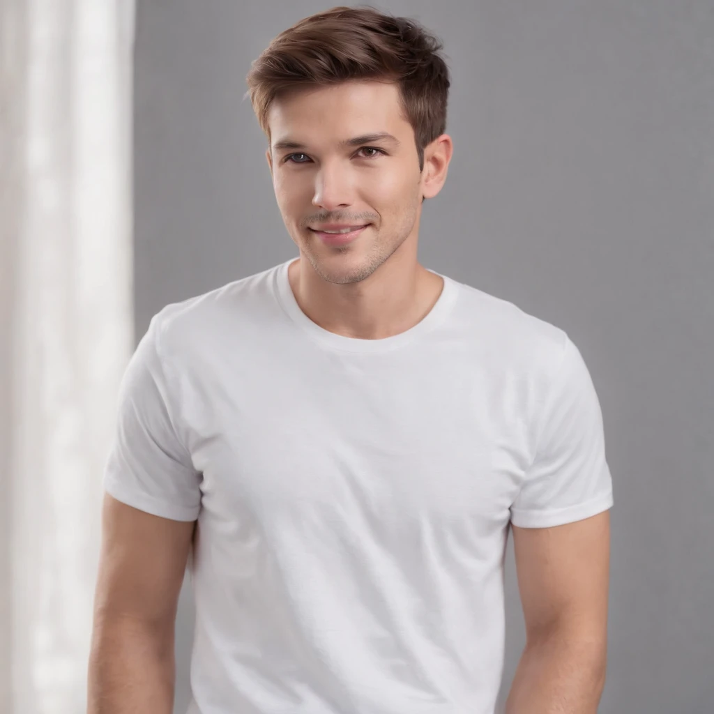 (photo: 1.3) af (photorealism: 1.3), male avatar, soft light, facial focus, (((white t-shirt))) happy, cheerful, smiling, warm light, ((solid color background)),( (gray background)). ((gray wall background)), profile picture, (long or short hair), smile, h...