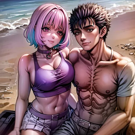 masterpiece, best quality, 1girl, riamu, blue shirt, pleated skirt, solo, simple background, bikini, beach, riamu and guts, husband and wife, couple happy in a beach, , purple hair,1boy, sitting in couple, affection, love,relationship, lovey dovey, happy, ...