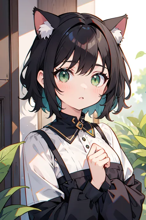 1 cat girl, short black hair, green eyes