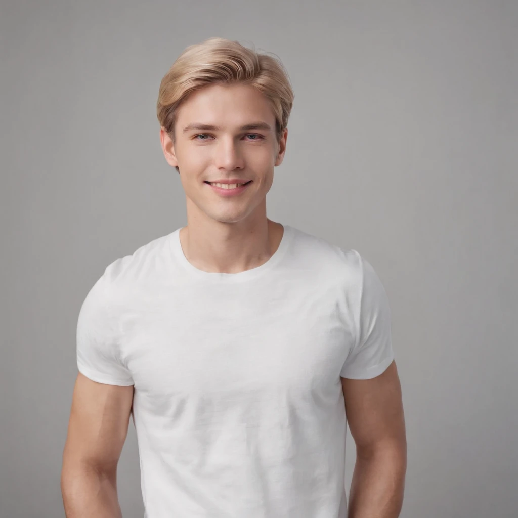 (photo: 1.3) af (photorealism: 1.3), male avatar, soft light, blonde, long hair, facial focus, (((white t-shirt))) happy, cheerful, smiling, warm light, ((solid color background)),((grey background)).((grey wall background)),profile picture,(long or short ...