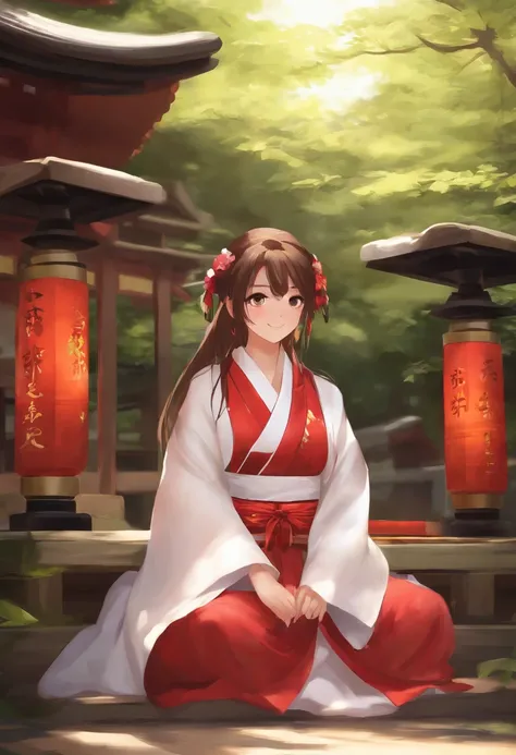 Masterpiece, Best quality, A high resolution, 1girll, Honoka, miko, Hakama skirt, Sitting, Shrine, Smile