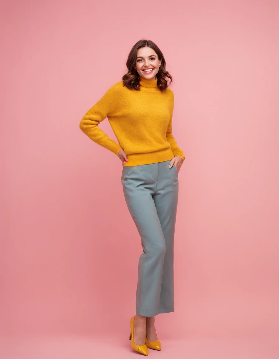 A surreal photo of smiling young woman wearing high heels and yellow sweater on pink background, styled by Patricia Piccinini, minimalist background, flickr, Loretta Lux, noise photography, Emotional face, Daniela Uhlig, ultra high definition photo, clean ...