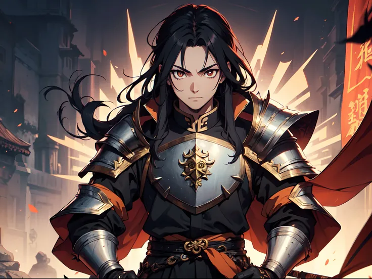 Ultra High Definition, Ultra High Quality, Extremely Detailed, Perfectly Detailed, Masterpiece, 8k, 1 Boy, Look A Like Xin From Kingdom Anime, Handsome, Armored With Chinese Emperor Armor, Black And Orange Pupil Eyes, Black Long Hair Tied, Full Body Shot, ...