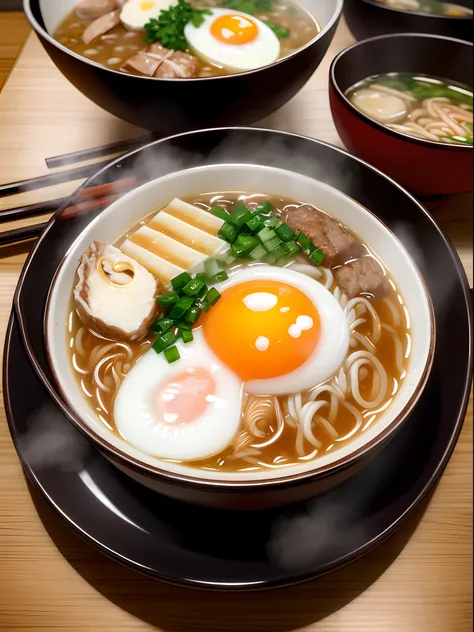 ultra detailed 8k cg, Japanese ramen, chopsticks, egg, steam