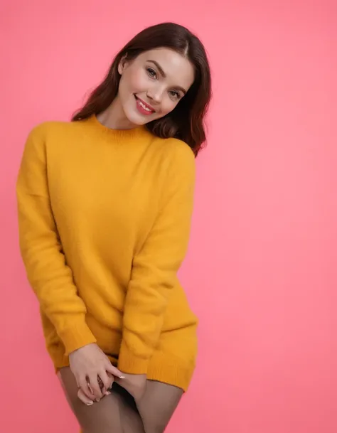 A surreal photo of smiling young woman wearing high heels and yellow sweater on pink background, styled by Patricia Piccinini, minimalist background, flickr, Loretta Lux, noise photography, Emotional face, Daniela Uhlig, ultra high definition photo, clean ...