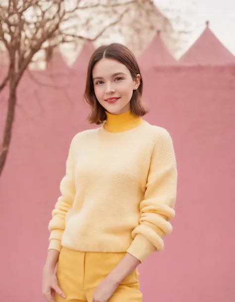 A surreal photo of smiling young woman wearing high heels and yellow sweater on pink background, styled by Patricia Piccinini, minimalist background, flickr, Loretta Lux, noise photography, Emotional face, Daniela Uhlig, ultra high definition photo, clean ...