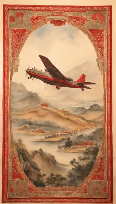 A passenger plane，Below is Chinas Peoples Liberation Army，The overall color tone is red