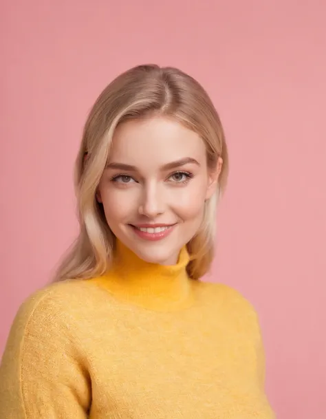 A surreal photo of smiling young woman wearing high heels and yellow sweater on pink background, styled by Patricia Piccinini, minimalist background, flickr, Loretta Lux, noise photography, Emotional face, Daniela Uhlig, ultra high definition photo, clean ...