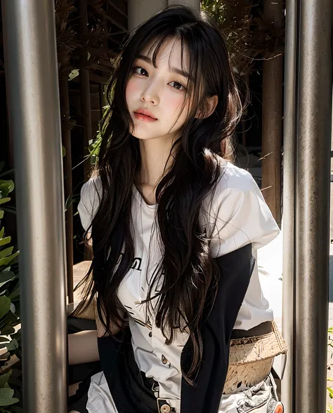 cute face ,Stranded bangs,Natural hair texture,white shirts, Black skirt