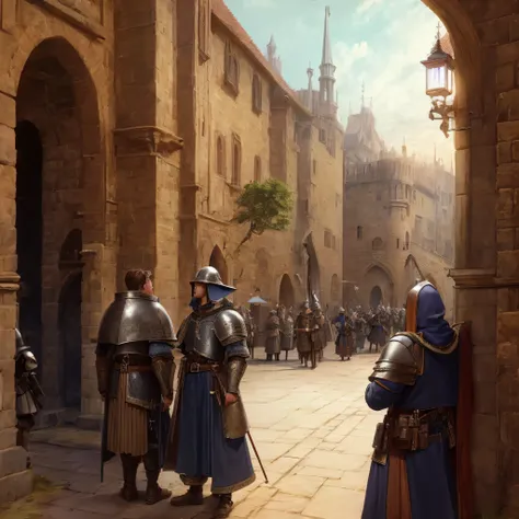 The audience behind the action, young, Wait in line, people., In front of the medieval city gates, Two armored guards check the documents at the door., Out of town, Fantasy style, high-detail