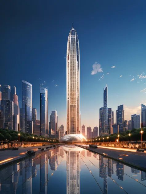 There is a large building，Reflected in the water, author：Chass is silent, inspired by Zha Shibiao, futuristic skyscrapers, taller than a skyscraper, with tall glass skyscrapers, super high-rise buildings, gigantic skyscrapers, towering skyscrapers, in styl...