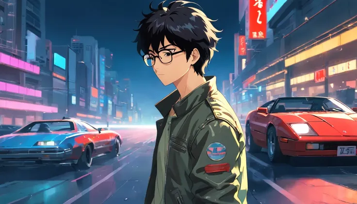 akira, teenage boy, cool, wearing glasses, retrowave, sportscar behind akira, hands in pocket, wearing leather jacket, has one hand in pocket, black hair, gray monotone background with crytals