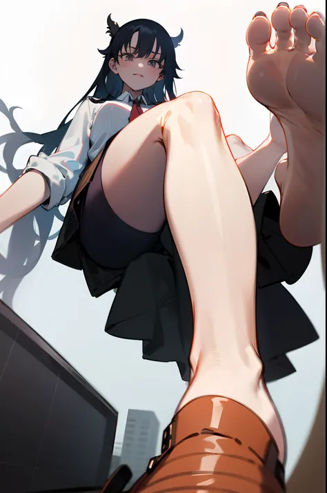 1 girl feet up,feet posing,low view, Low angle, nagatoro, high soles, detailed legs towering over you, low perspective, detailed foot pov, detailed legs looming over you, feet art, [ 4 K digital art ]!!, very low angle