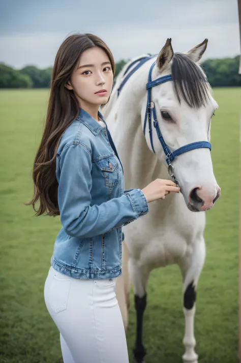 ((Best Quality, 8K, masutepiece :1.3)),Full body,1girl in,Ultra-detailed face, Detailed eyes, 20yr old、A Japanese Lady、Height 160cm、Double eyelids、whiteshirt、denim pant、mont、blue-sky、grass field、Stand beside the horse、Brown horse