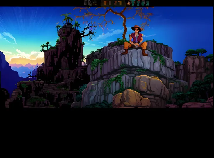 a close up of a video game with a person on a rock, indiana jones on monkey island, loom, 1993 video game screenshot, point-and-click adventure game, 1991 video game screenshot, 1994 video game screenshot, tim white art. 64 megapixels