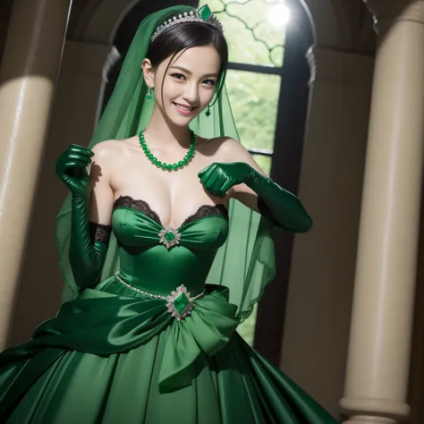 emerald tiara, Green Pearl Necklace, Boyish very short black hair, lipsticks, Japan woman smiling, Long green gloves made of satin material, very short short hair, Guts Pose, Green eyes, big breasts beautiful