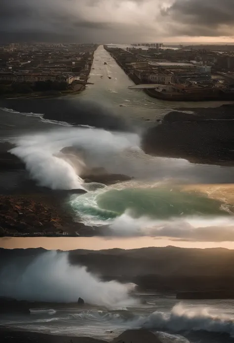 Waterspout，tidal waves，Tornado，typhoon，swell sea，Armageddon，Greatwave，废墟，disrupt，，lakes，high level of water，Bottomless，The run-down city creates a cinematic cityscape