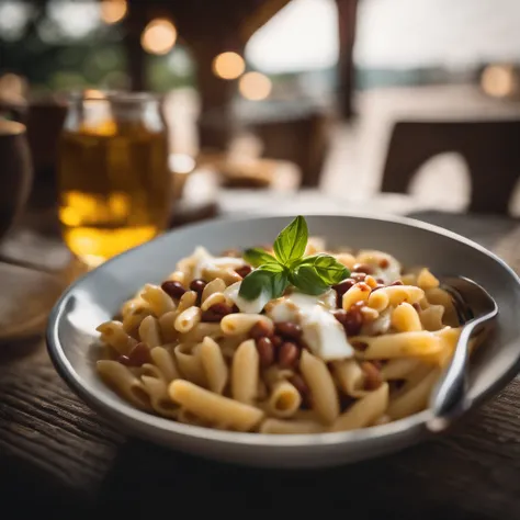 pasta and beans with mozzarella, on table outside