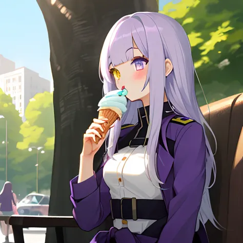 A girl with white waist-length hair, purple and yellow heterochromic eyes, wearing a detective uniform, was eating ice cream in the park.