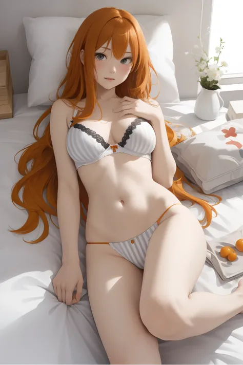 The upper part of the body、an oil painting、​masterpiece、top-quality、hight resolution、Orange long hair、Orange long hair、Sleeping in bed、Naughty look、White and gray stripes々bra very、Button is disconnected、White and gray stripes々Panties、Bending legs、Female fa...