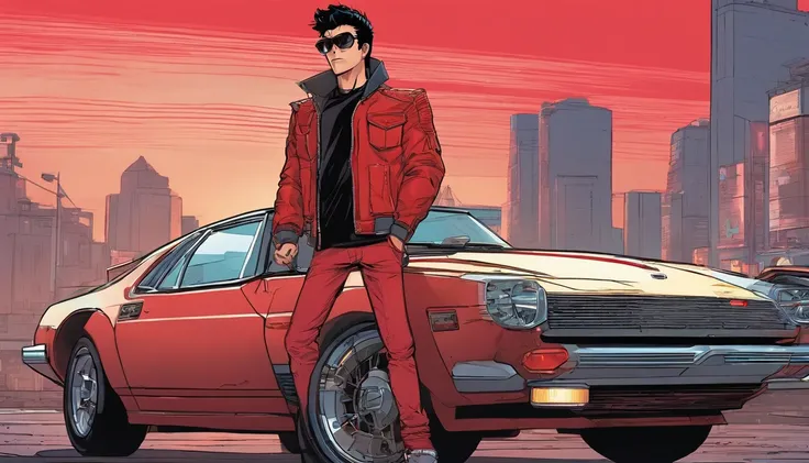 akira, teenage boy, cool, wearing sunglasses, retrowave, standing infront of a sportscar parked diagonally to his character, hands in pocket, wearing leather black jacket with red stripes, has one hand in pocket, black hair, gray monotone background with c...