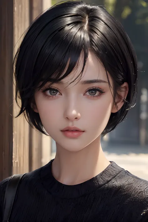 (masterpiece:1.3), (8k, photorealistic, RAW photo, best quality: 1.4), (1girl), beautiful face, (realistic face), (black hair, short hair:1.3), beautiful hairstyle, realistic eyes, beautiful detailed eyes, (realistic skin), beautiful skin, (sweater), absur...