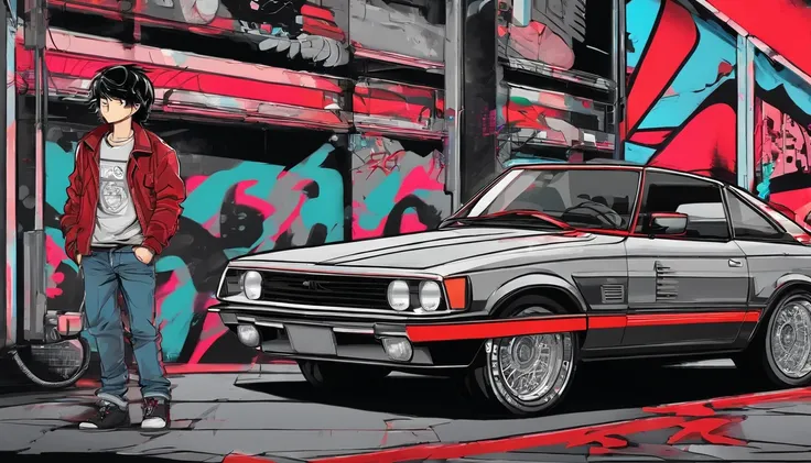 akira, teenage boy, cool, wearing sunglasses, retrowave, standing infront of a sportscar parked diagonally to his character, hands in pocket, wearing leather black jacket with red stripes, has one hand in pocket, black hair, gray monotone background with c...