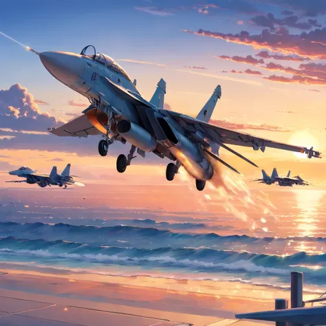 8K, best quality, masterpiece, scenery, sea, action, panoramic view,  f15 tomcat plane , mig 28, dogfight, topgun,  aircraft carrier in background,Blue sky, sunset,