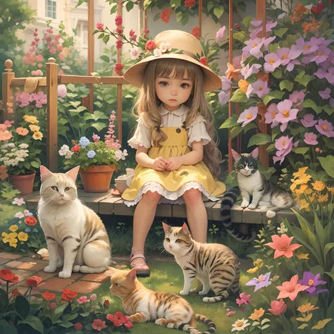 Little girls and cats, trpical garden.