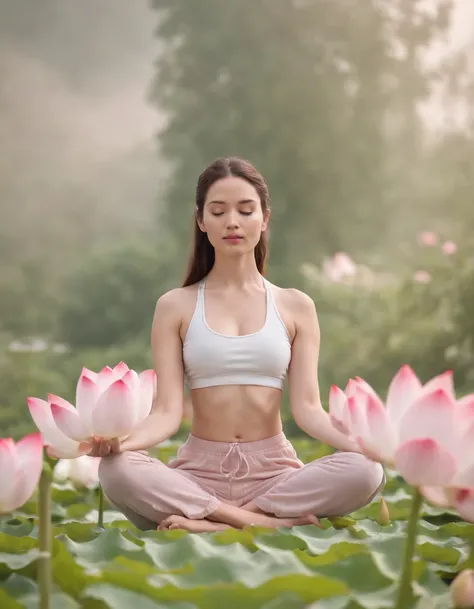 woman in lotus flower pose meditating, surreal setting, pale pink colors, high quality photography, (medium long shot)