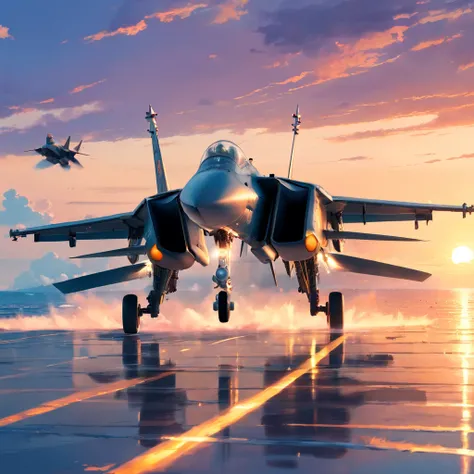 8K, best quality, masterpiece, scenery, sea, action, panoramic view,  f15 tomcat plane , mig 28, gunfight, topgun,  topgun logo, fire, war, aircraft carrier in background,Blue sky, sunset,