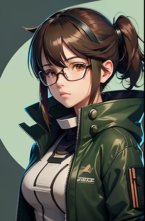 Wearing big futuristic VR goggles on his head、an anime girl, Hair color is brown and tied in one, Eye color is reddish brown, Large black-rimmed glasses, Wearing an armygreen colored flight jacket ,Modern anime style, anime style illustration, By Shinkai M...