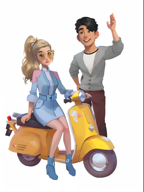 Woman sitting on scooter, The man behind waved，telegraph stickers, Cartoon style illustration, Guviz-style artwork, Cartoon Art Style, Cartoon Art Style, rob rey and kentarõ miura style, Artgerm and Atey Ghailan, telegraph stickers design, official fanart,...