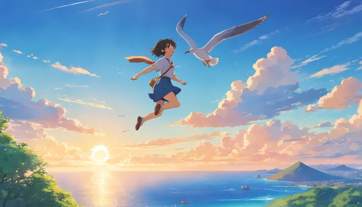 masutepiece, Bird View, Best Quality, Movie Still, One girl on a flying broom, Seagull, Below is the blue sea and the island, kikis delivery service, miyazakis animated film, Ghibli Anime, Clouds in the sky, Blue sky, Bright,  Warm and soft lighting, Sunri...