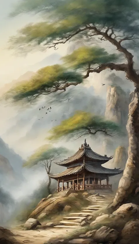 Quaint Han Dynasty style temple，（There was an ancient Chinese monk who sat and meditated（closeup cleavage）），（Meditate），zazen，age-old tree，falling leaf，（Chinese landscape painting style），（Pastel ink painting），（8k wallpaper），（light and shadow effect），renderi...